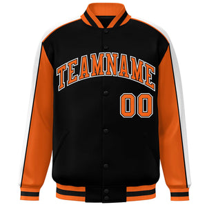 Custom Black Orange-White Color Block Bomber Varsity Full-Snap Baseball Jacket