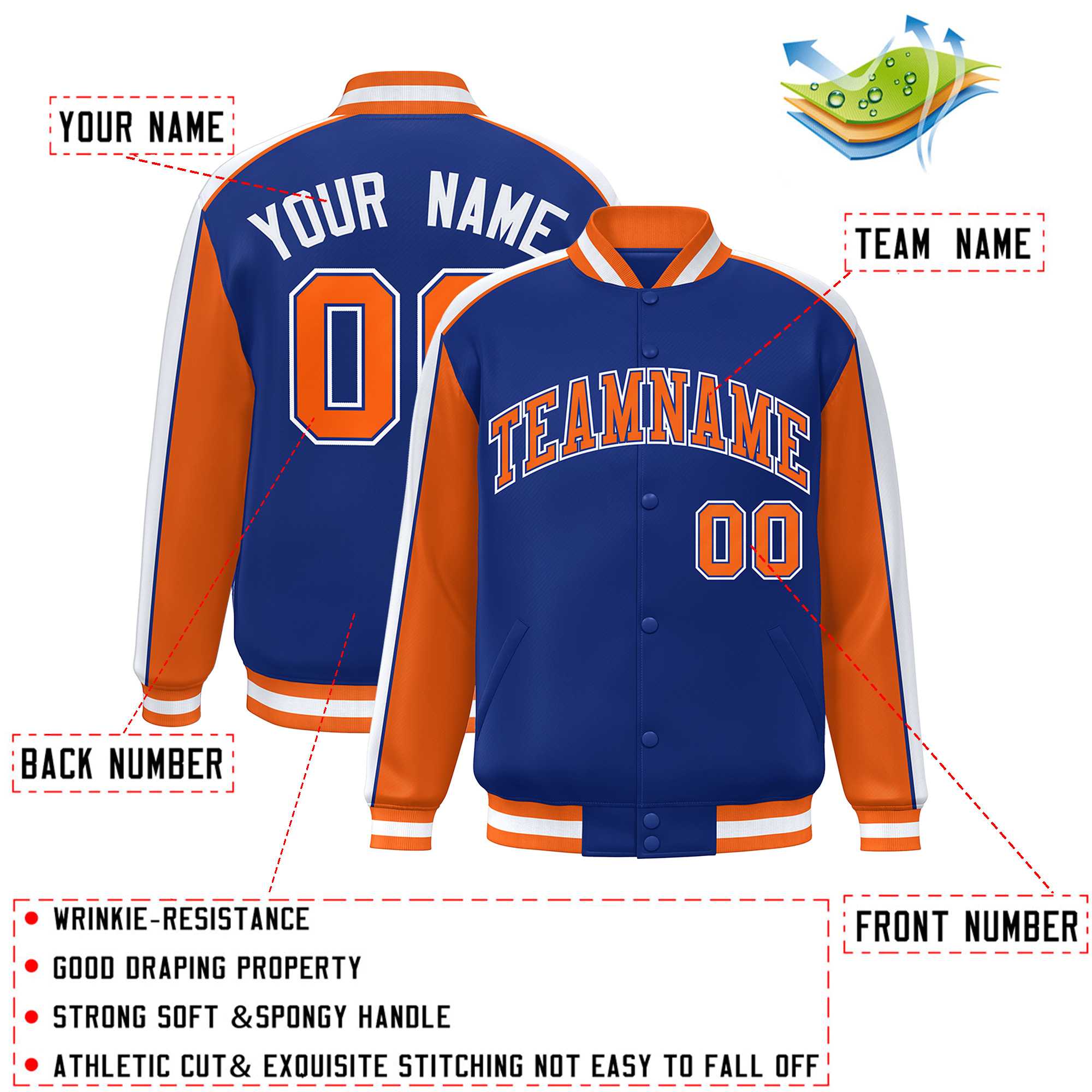 Custom Royal Orange-White Color Block Bomber Varsity Full-Snap Baseball Jacket