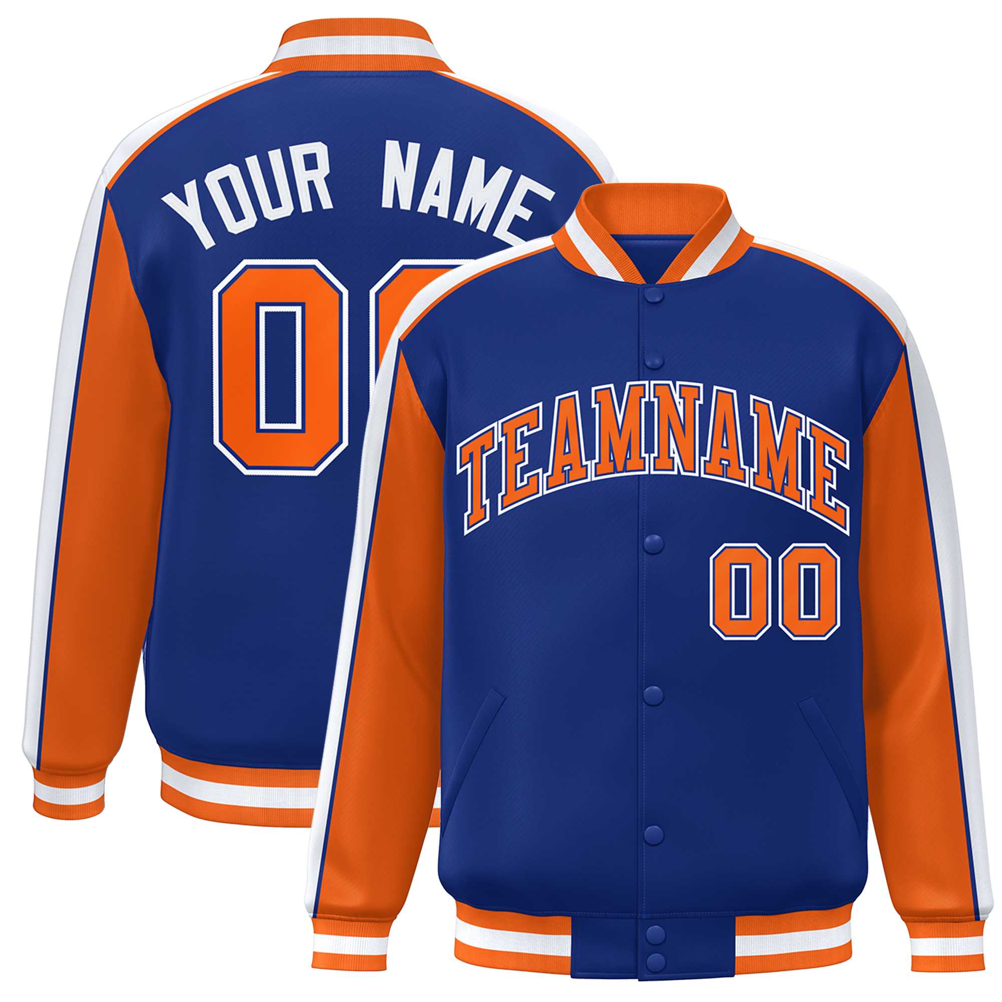 Custom Royal Orange-White Color Block Bomber Varsity Full-Snap Baseball Jacket