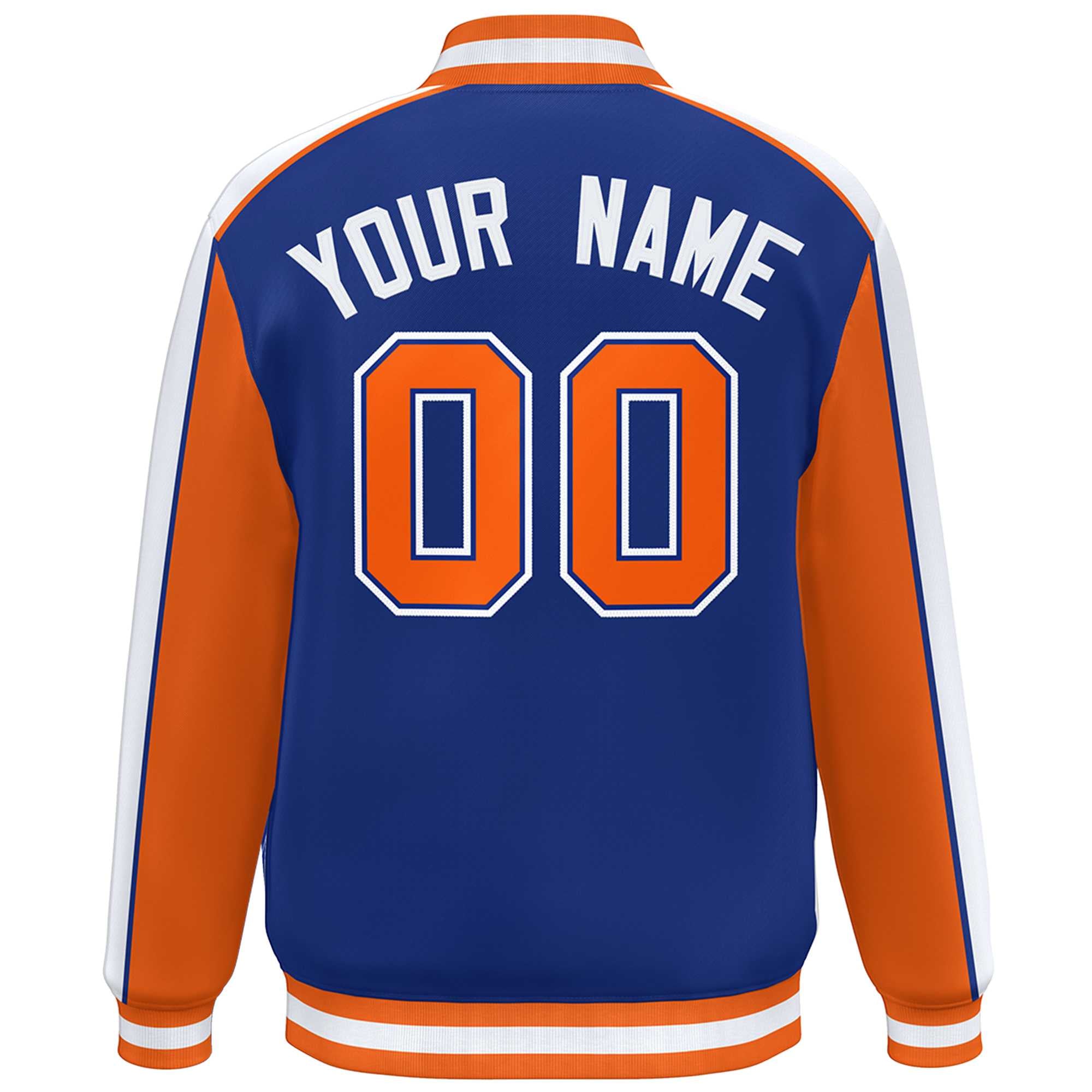 Custom Royal Orange-White Color Block Bomber Varsity Full-Snap Baseball Jacket