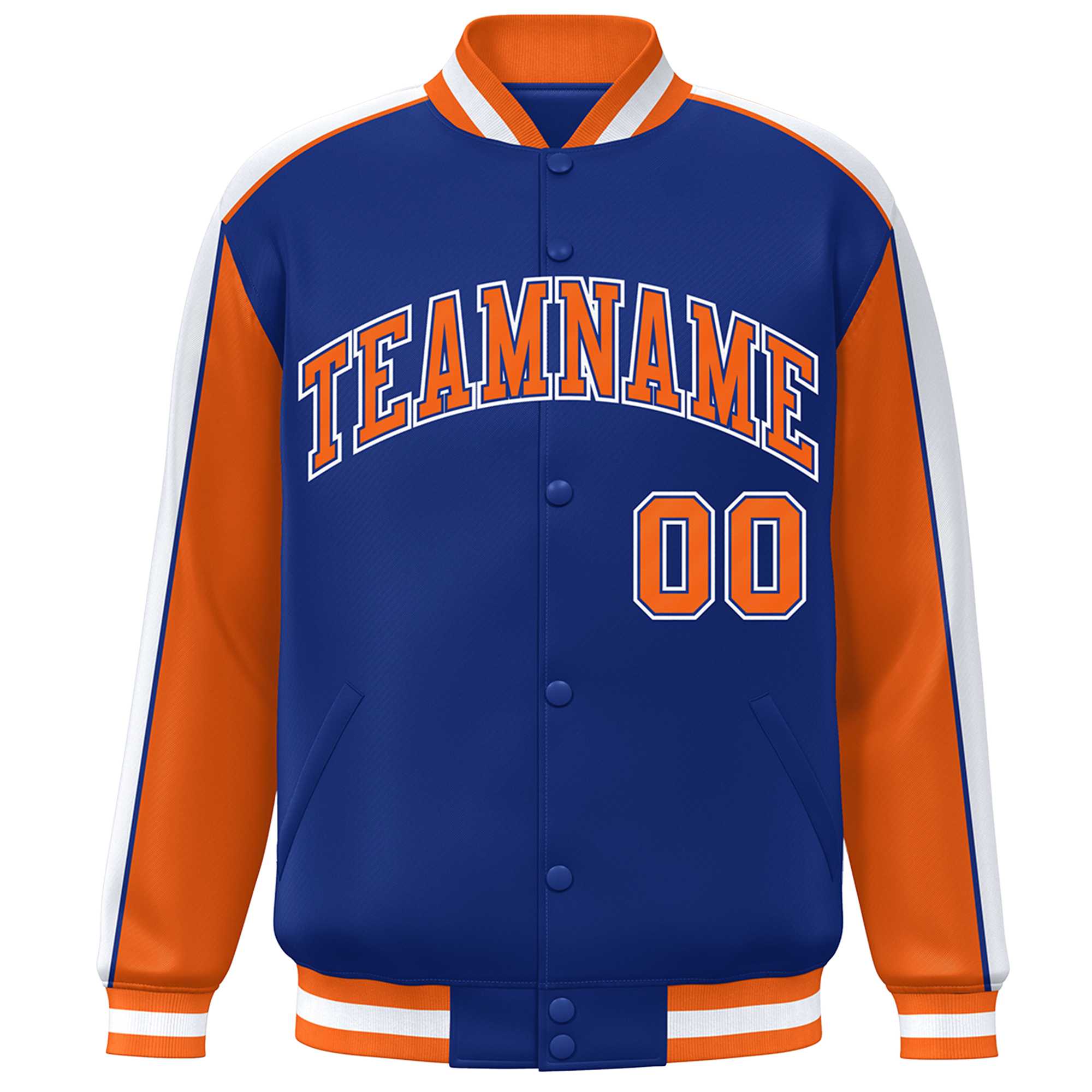 Custom Royal Orange-White Color Block Bomber Varsity Full-Snap Baseball Jacket