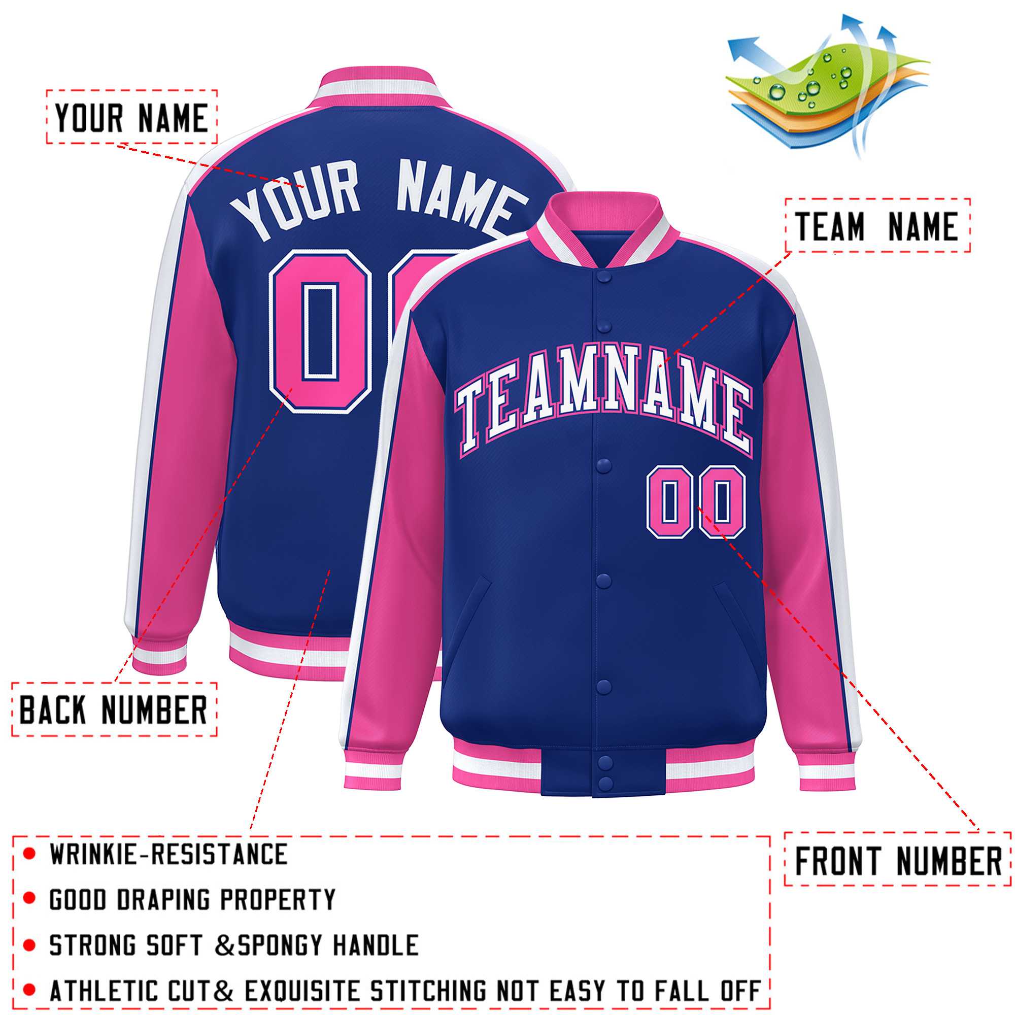 Custom Royal Pink-White Color Block Bomber Varsity Full-Snap Baseball Jacket