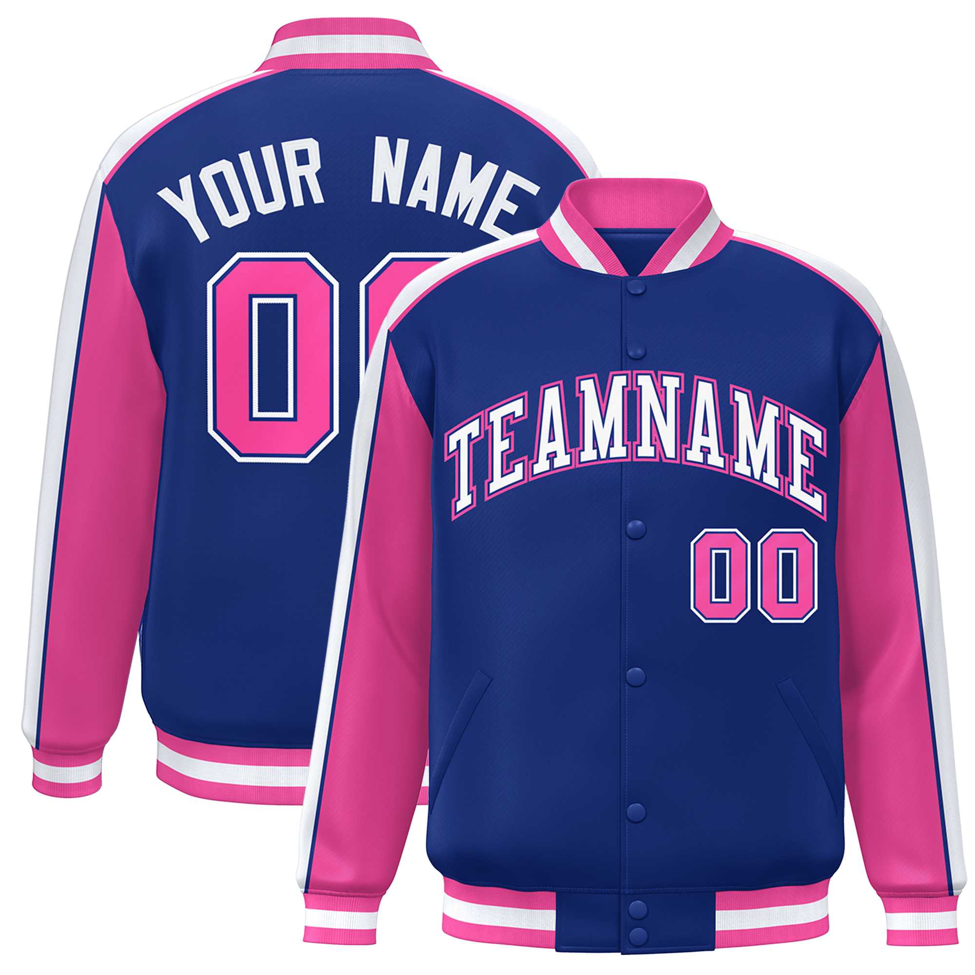 Custom Royal Pink-White Color Block Bomber Varsity Full-Snap Baseball Jacket