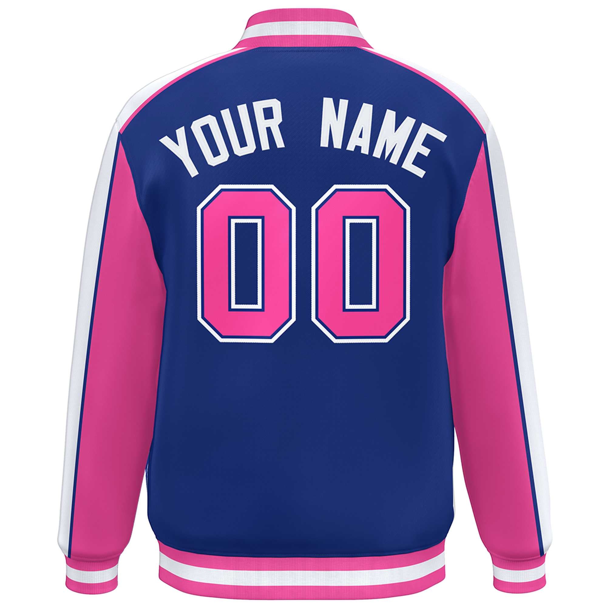 Custom Royal Pink-White Color Block Bomber Varsity Full-Snap Baseball Jacket