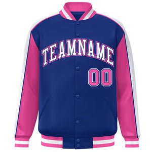 Custom Royal Pink-White Color Block Bomber Varsity Full-Snap Baseball Jacket