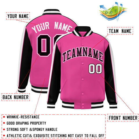 Custom Pink Black-White Color Block Bomber Varsity Full-Snap Baseball Jacket