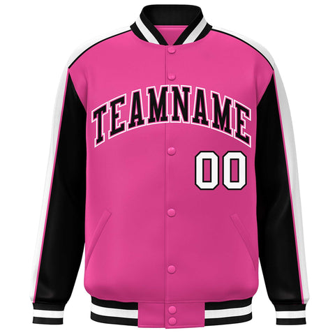 Custom Pink Black-White Color Block Bomber Varsity Full-Snap Baseball Jacket