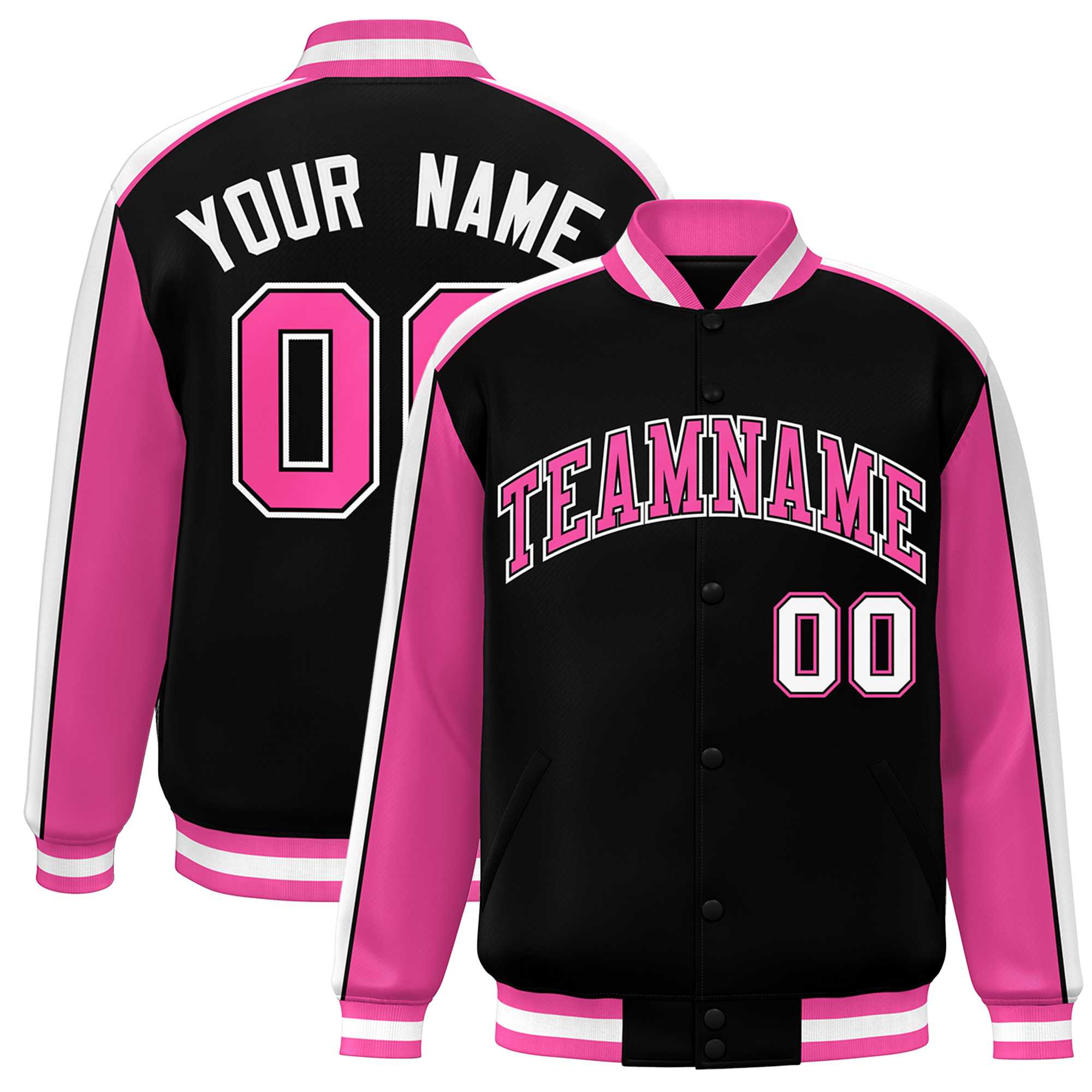 Custom Black Pink-White Color Block Bomber Varsity Full-Snap Baseball Jacket