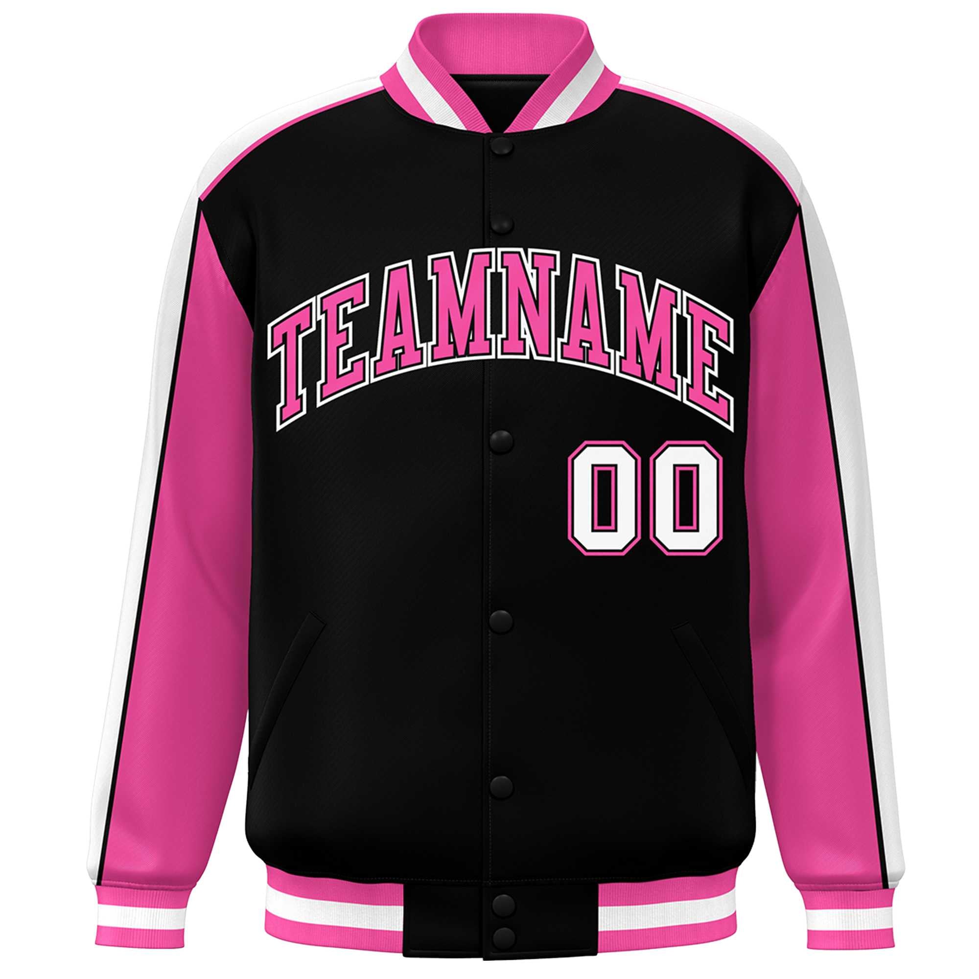 Custom Black Pink-White Color Block Bomber Varsity Full-Snap Baseball Jacket