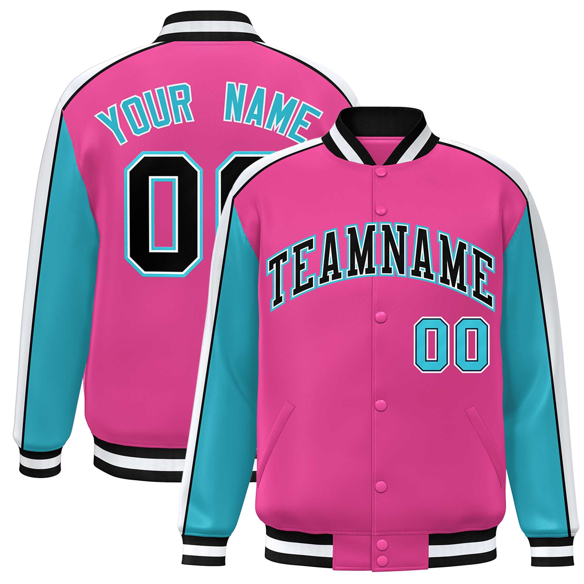 Custom Pink Aqua-White Color Block Bomber Varsity Full-Snap Baseball Jacket