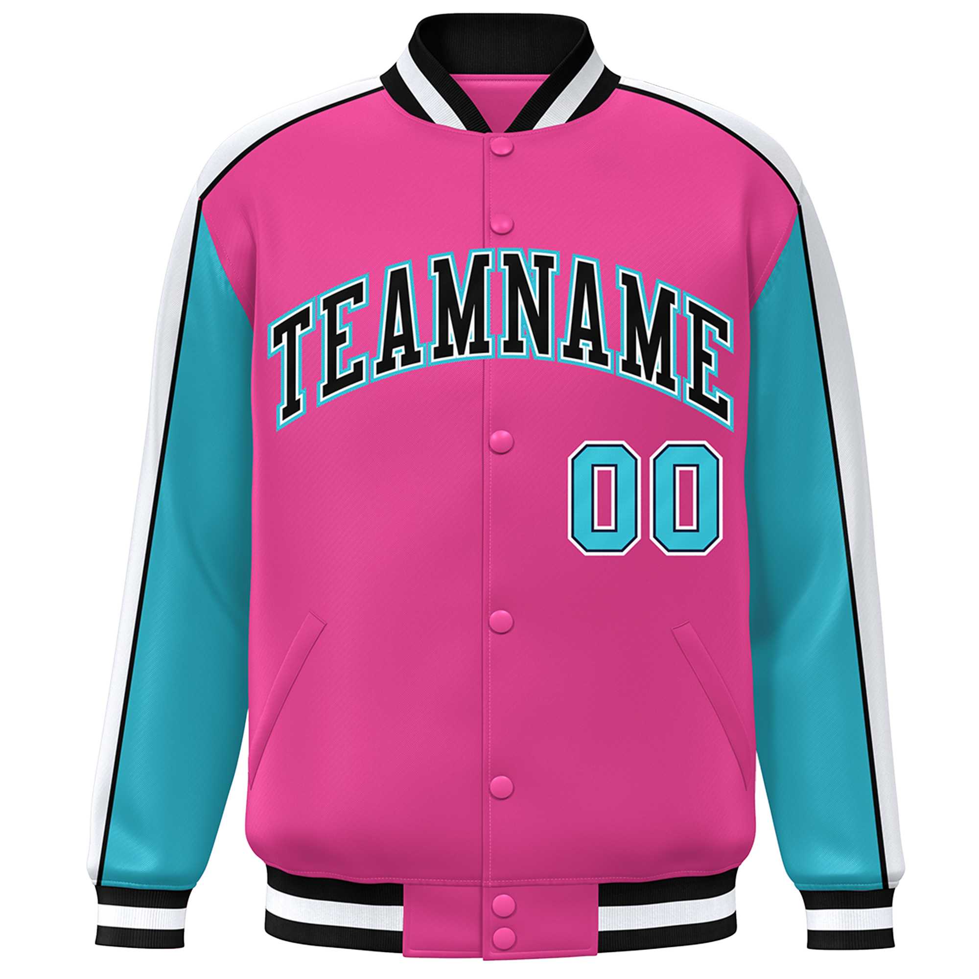 Custom Pink Aqua-White Color Block Bomber Varsity Full-Snap Baseball Jacket