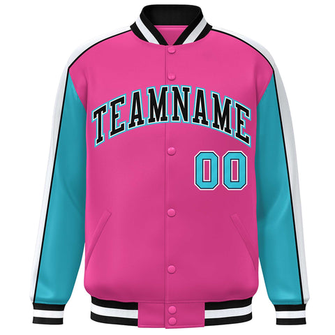 Custom Pink Aqua-White Color Block Bomber Varsity Full-Snap Baseball Jacket