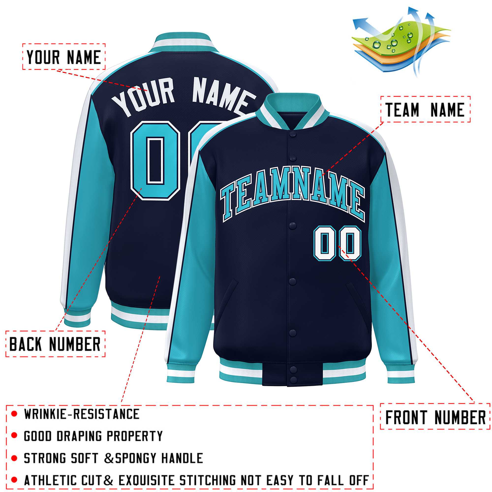 Custom Navy Aqua-White Color Block Bomber Varsity Full-Snap Baseball Jacket