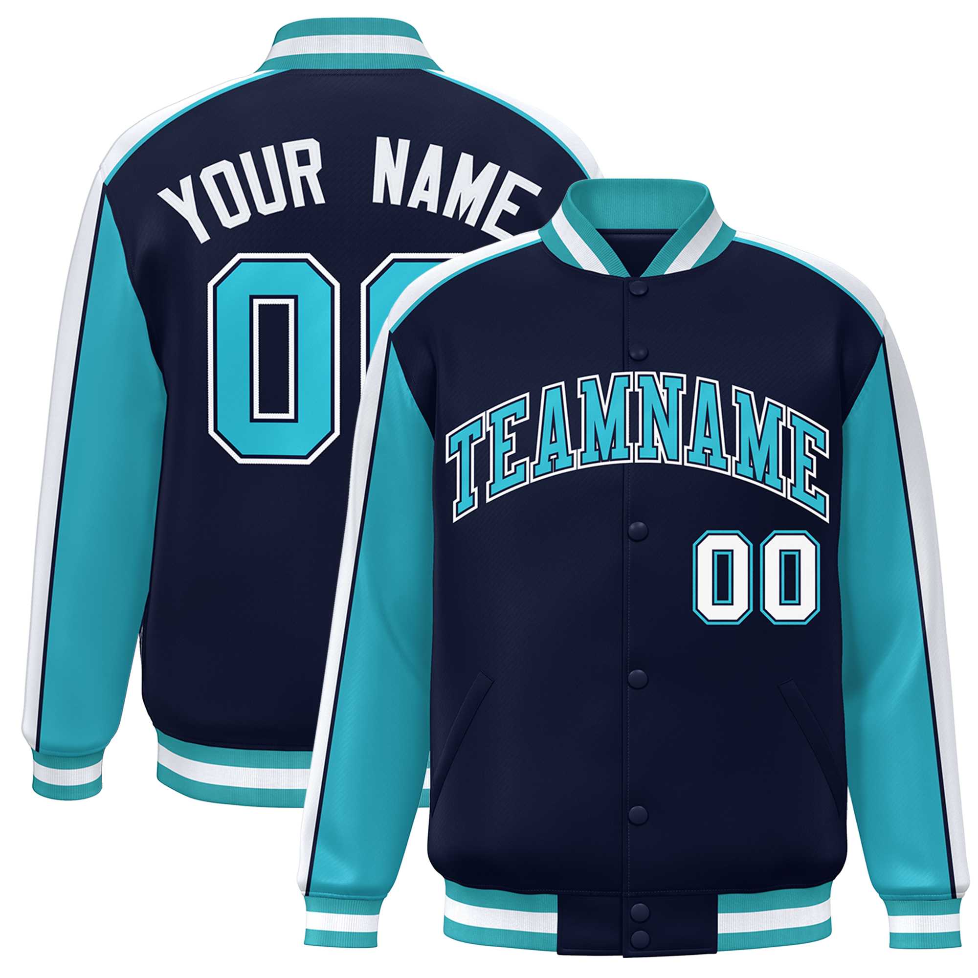 Custom Navy Aqua-White Color Block Bomber Varsity Full-Snap Baseball Jacket