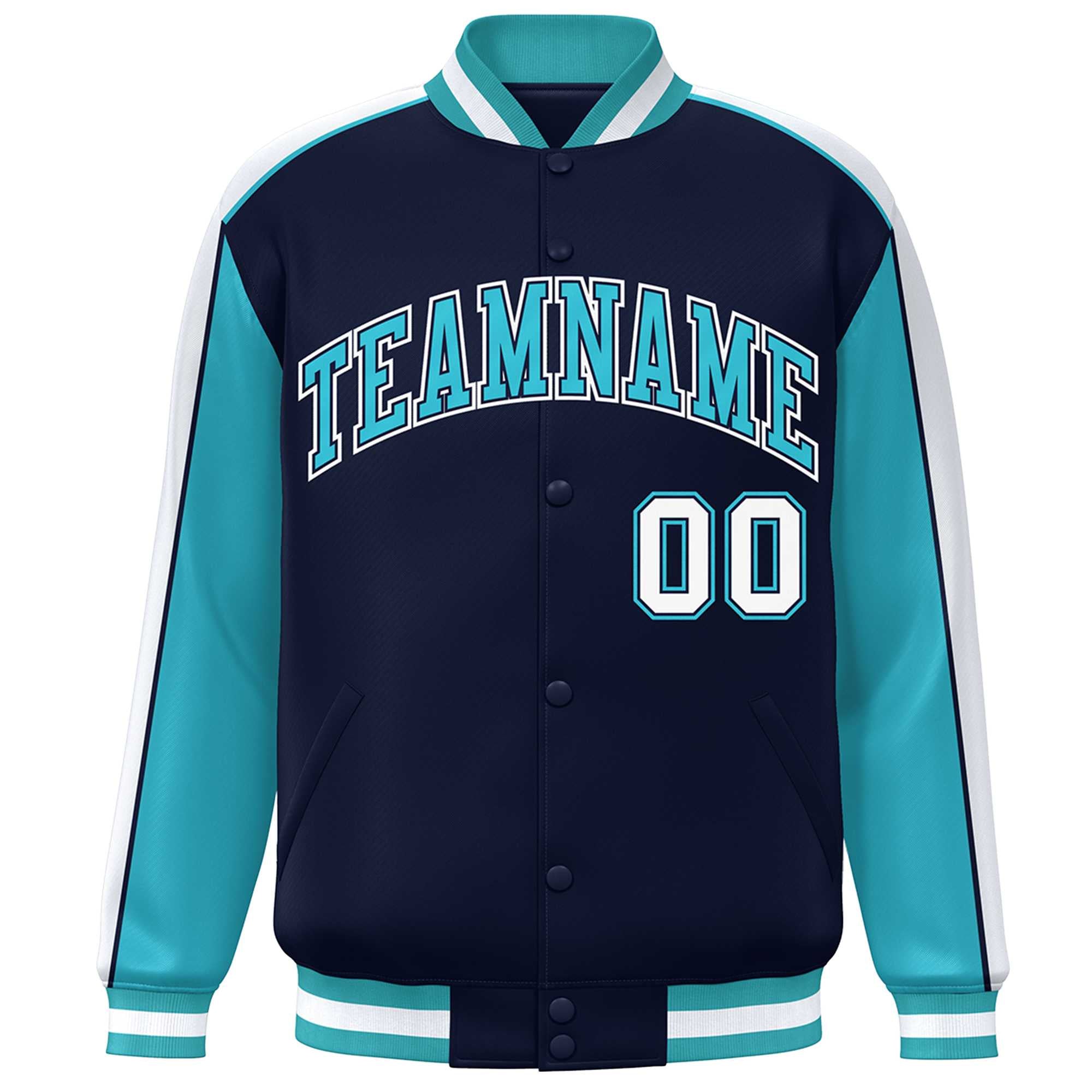 Custom Navy Aqua-White Color Block Bomber Varsity Full-Snap Baseball Jacket