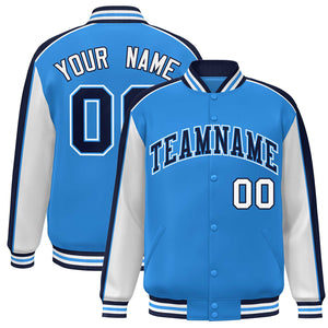 Custom Powder Blue White-Navy Color Block Bomber Varsity Full-Snap Baseball Jacket