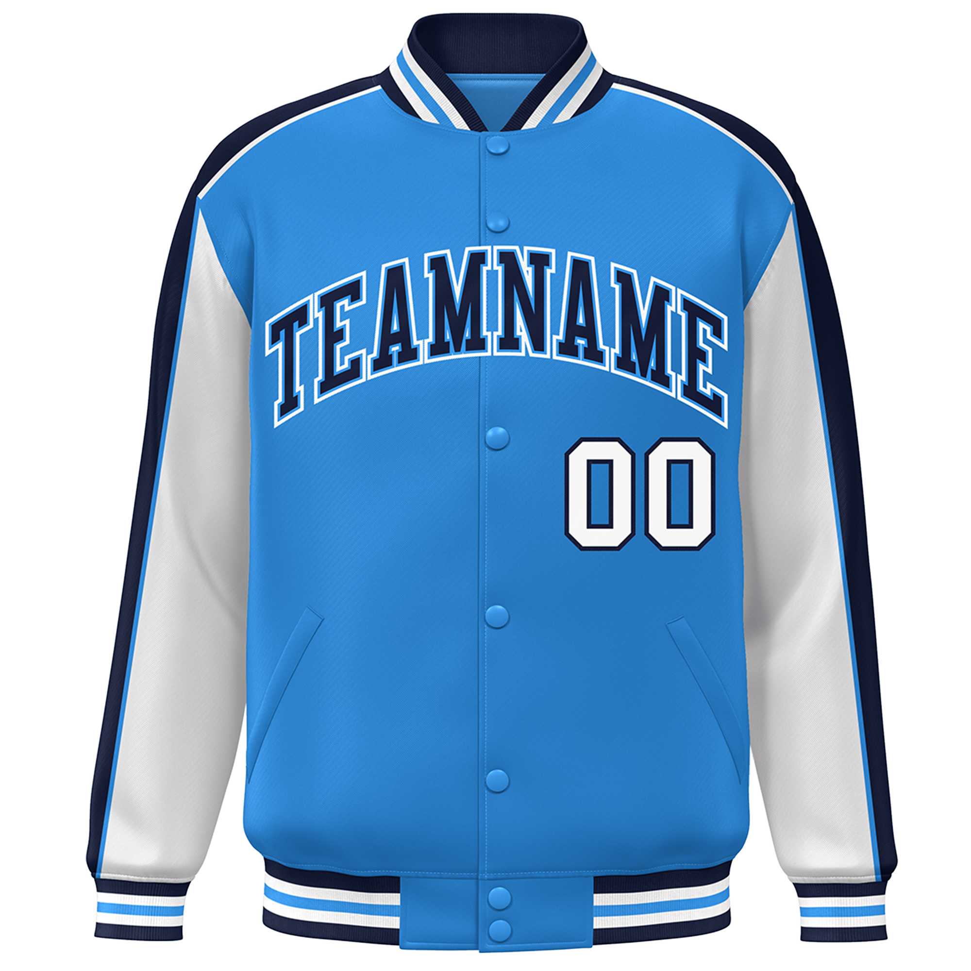 Custom Powder Blue White-Navy Color Block Bomber Varsity Full-Snap Baseball Jacket