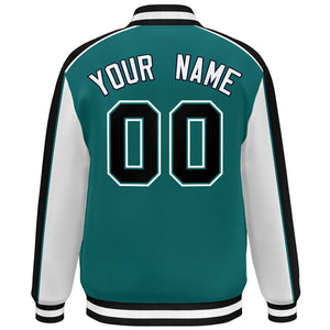 Custom Aqua White-Black Color Block Bomber Varsity Full-Snap Baseball Jacket