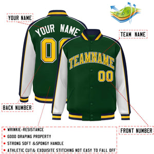 Custom Green White-Navy Color Block Bomber Varsity Full-Snap Baseball Jacket