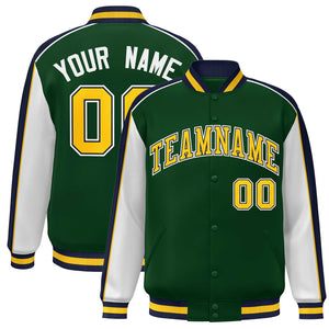 Custom Green White-Navy Color Block Bomber Varsity Full-Snap Baseball Jacket