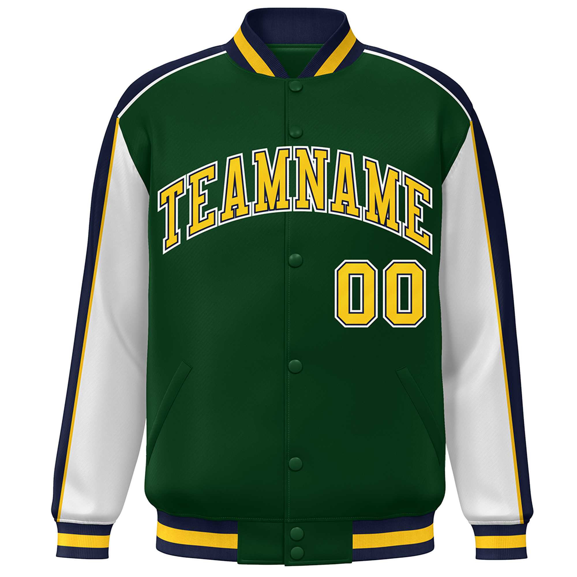 Custom Green White-Navy Color Block Bomber Varsity Full-Snap Baseball Jacket