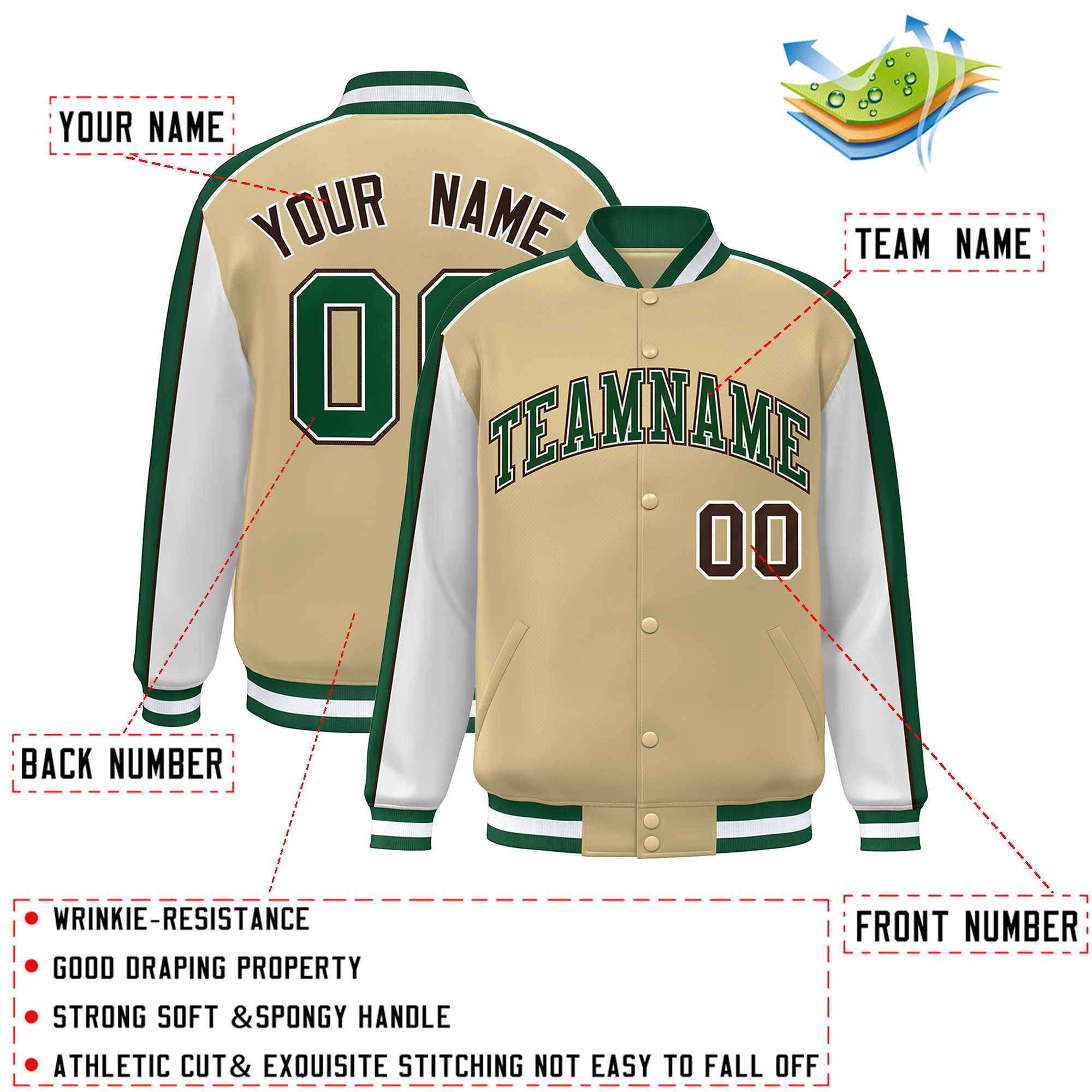 Custom Khaki White-Green Color Block Bomber Varsity Full-Snap Baseball Jacket