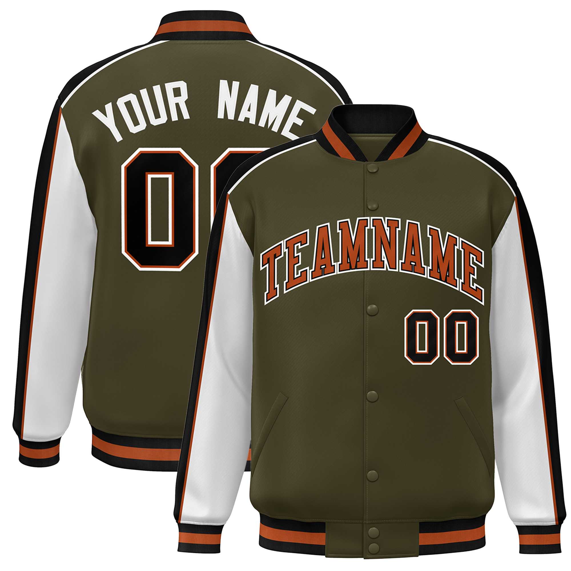 Custom Olive White-Black Color Block Bomber Varsity Full-Snap Baseball Jacket