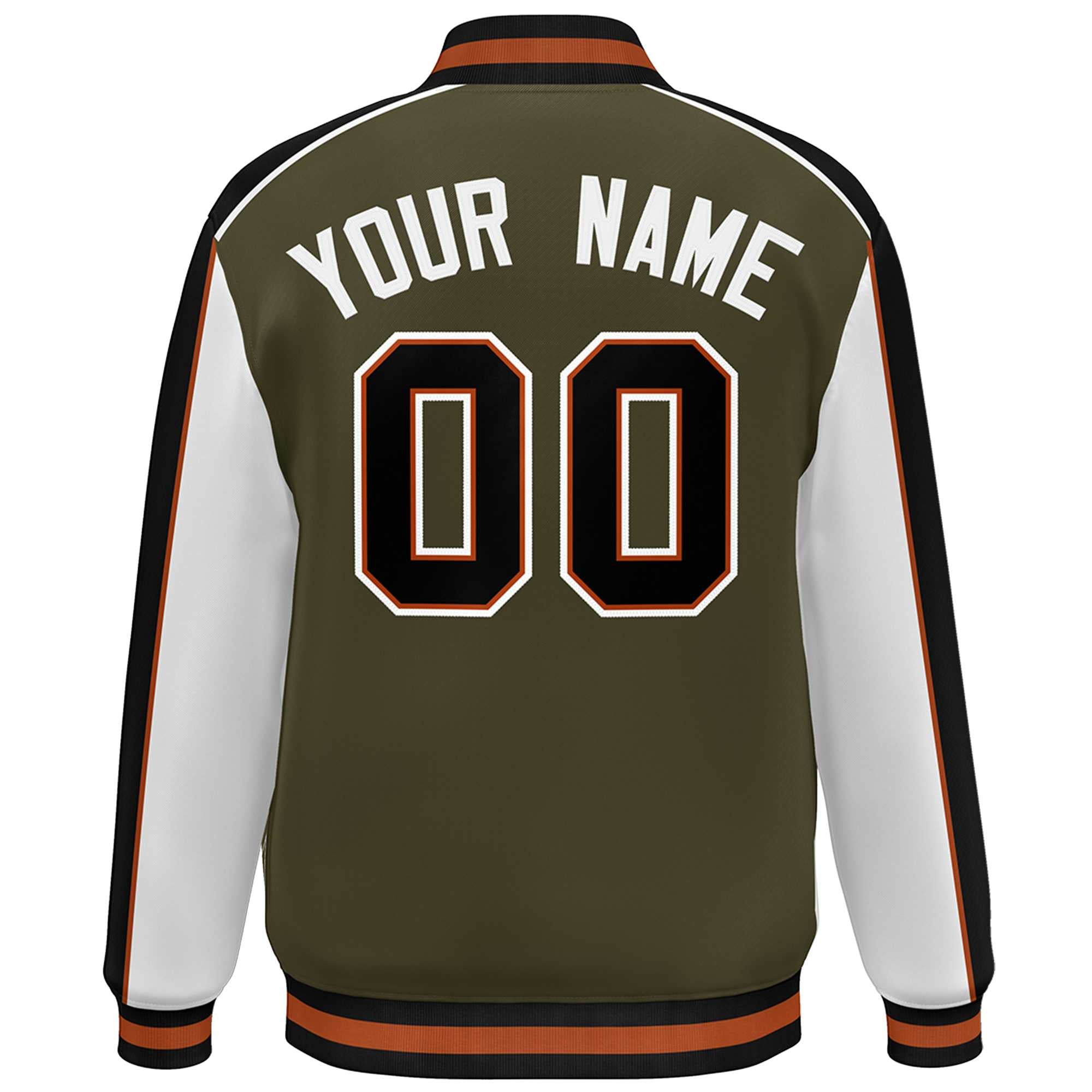 Custom Olive White-Black Color Block Bomber Varsity Full-Snap Baseball Jacket