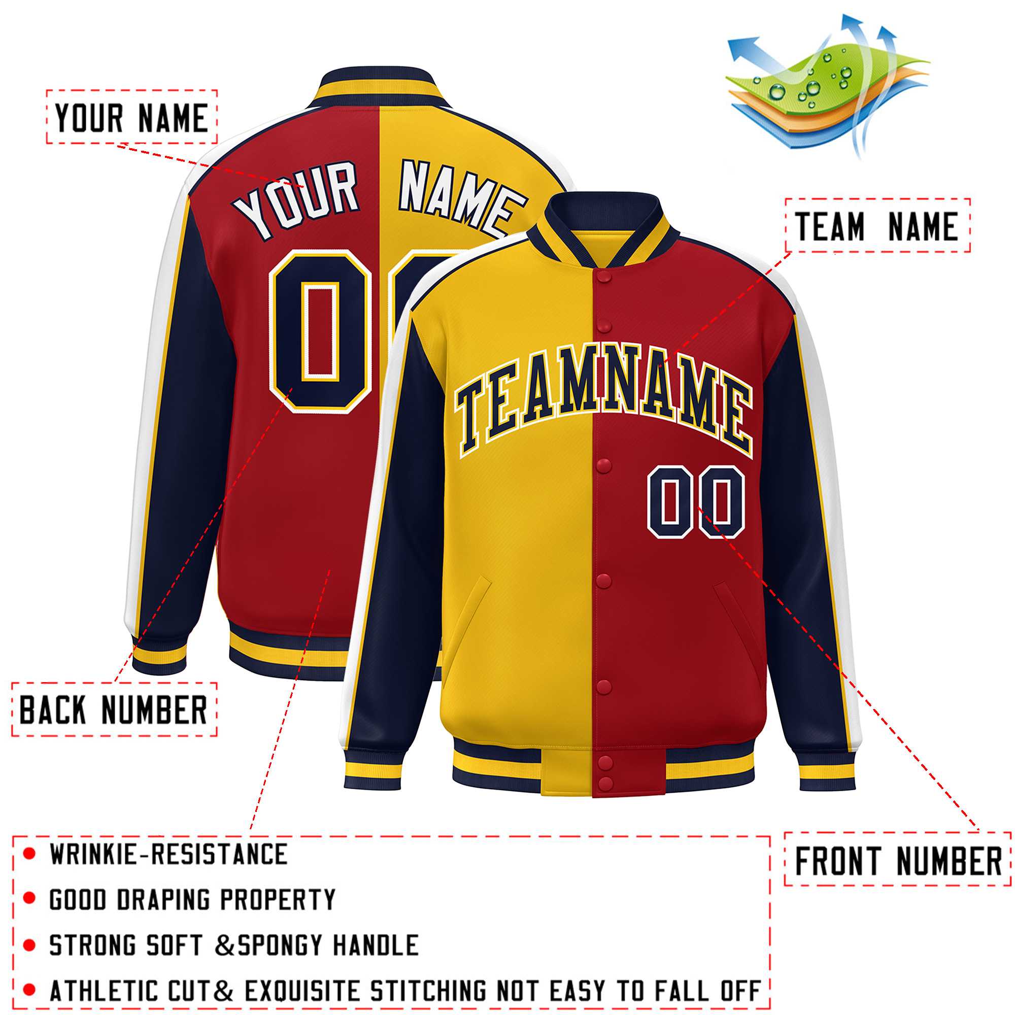 Custom Gold Red Navy-White Color Block Bomber Varsity Full-Snap Baseball Jacket