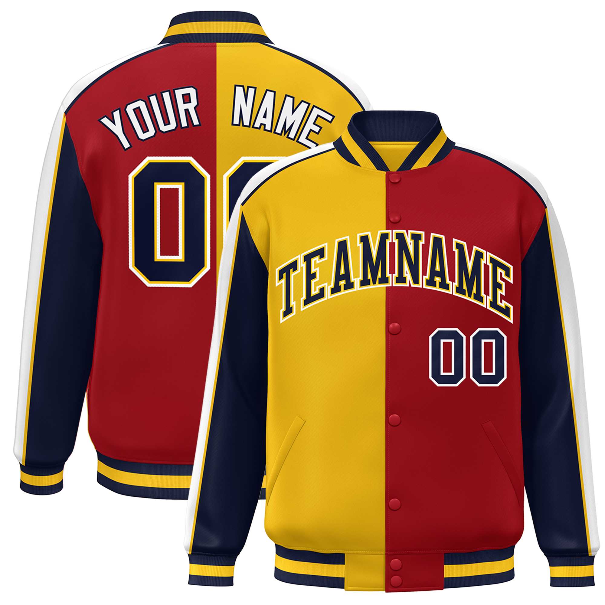 Custom Gold Red Navy-White Color Block Bomber Varsity Full-Snap Baseball Jacket