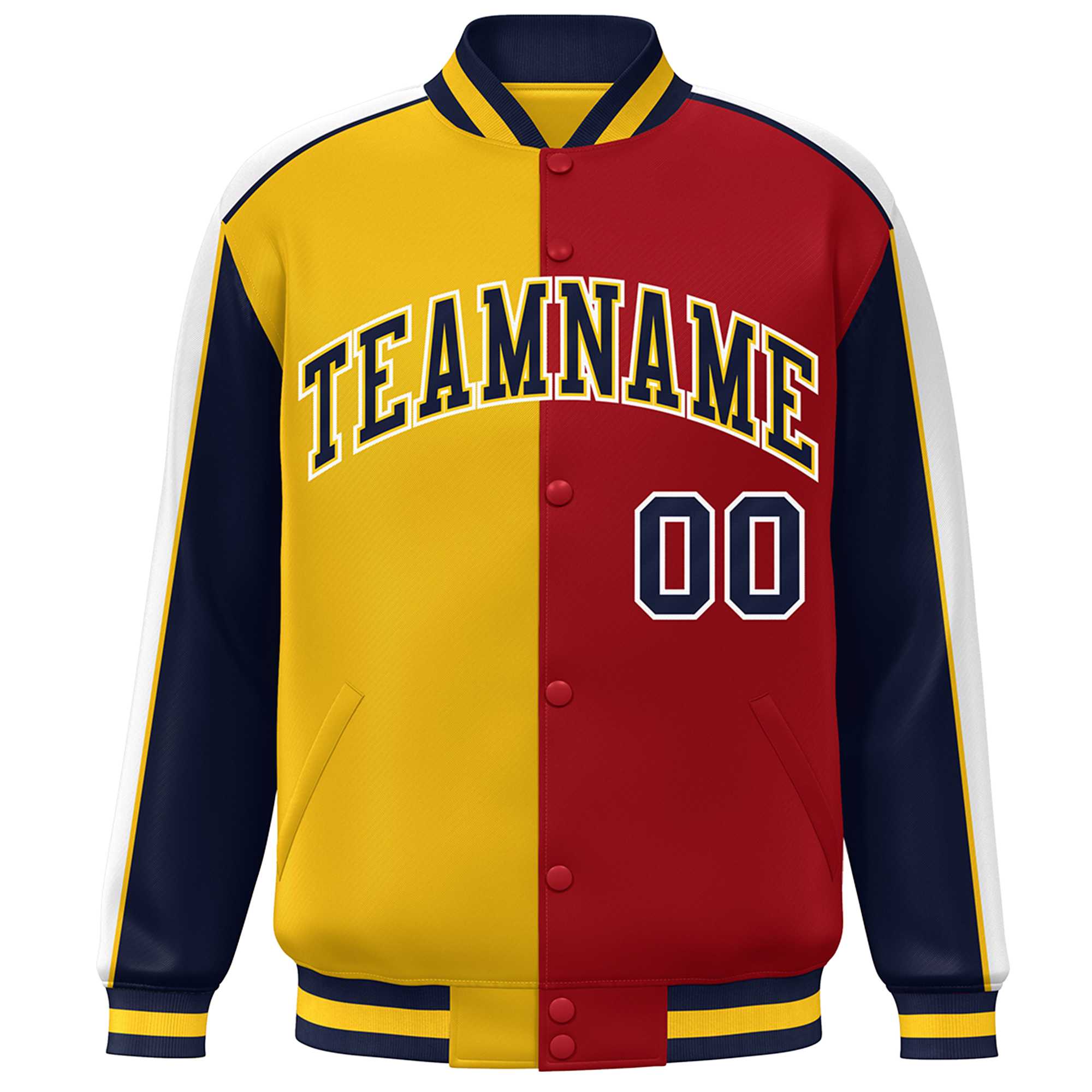 Custom Gold Red Navy-White Color Block Bomber Varsity Full-Snap Baseball Jacket