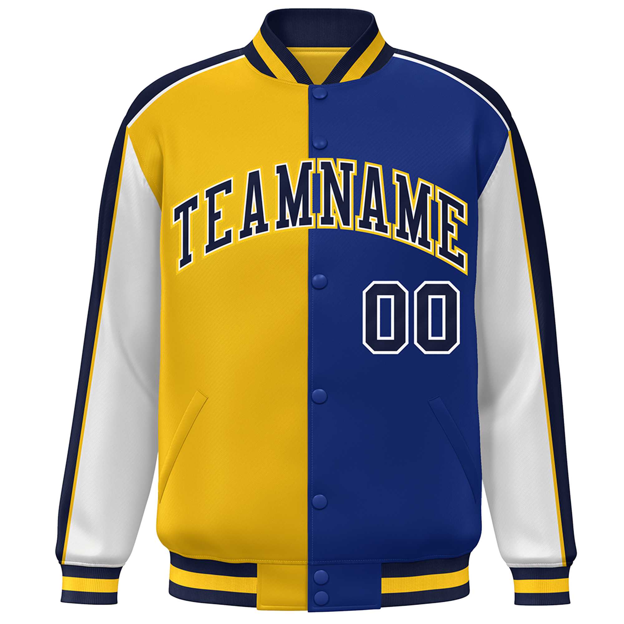 Custom Gold Royal White-Navy Color Block Bomber Varsity Full-Snap Baseball Jacket