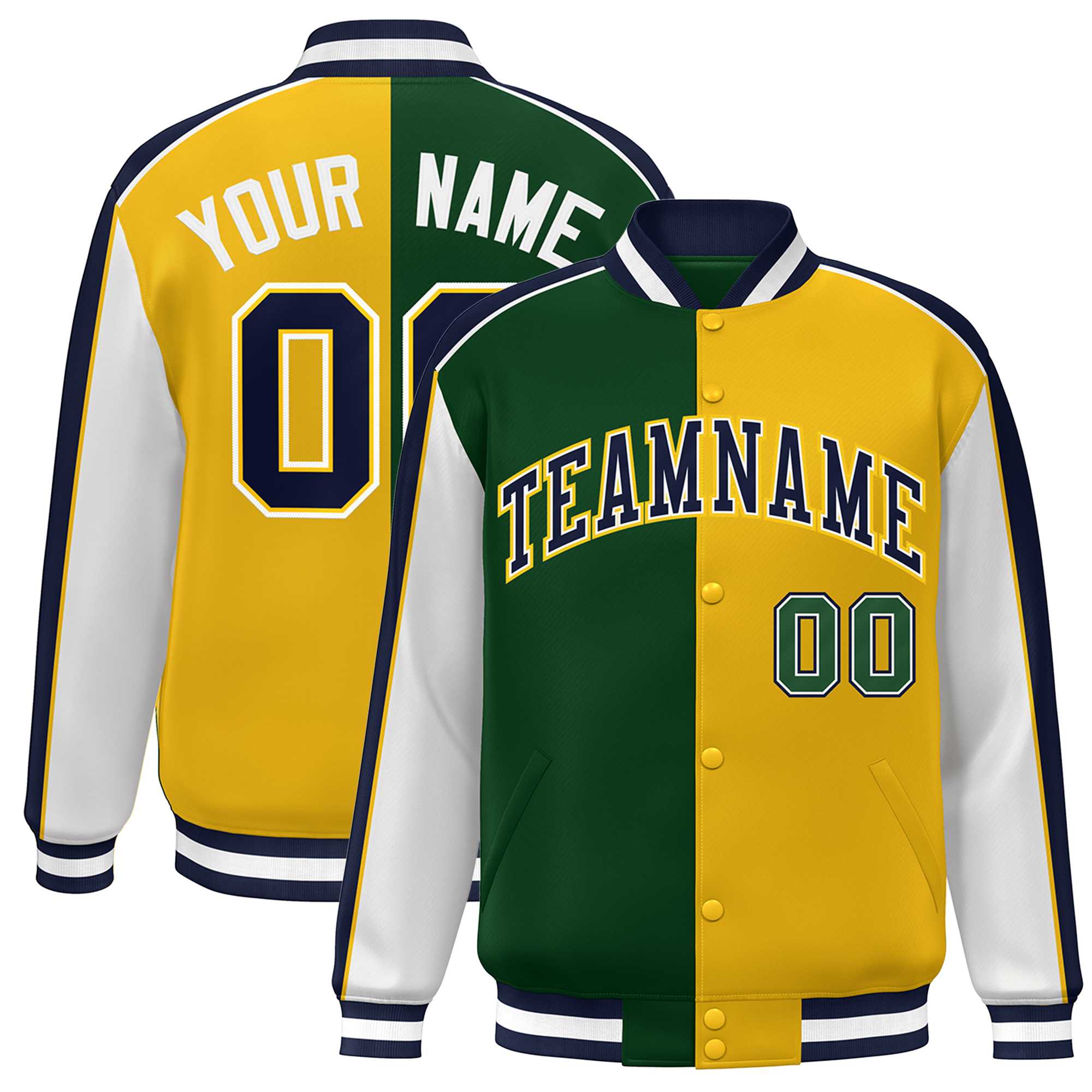 Custom Green Gold White-Navy Color Block Bomber Varsity Full-Snap Baseball Jacket