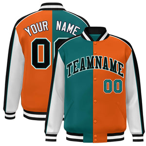 Custom Aqua Orange White-Black Color Block Bomber Varsity Full-Snap Baseball Jacket