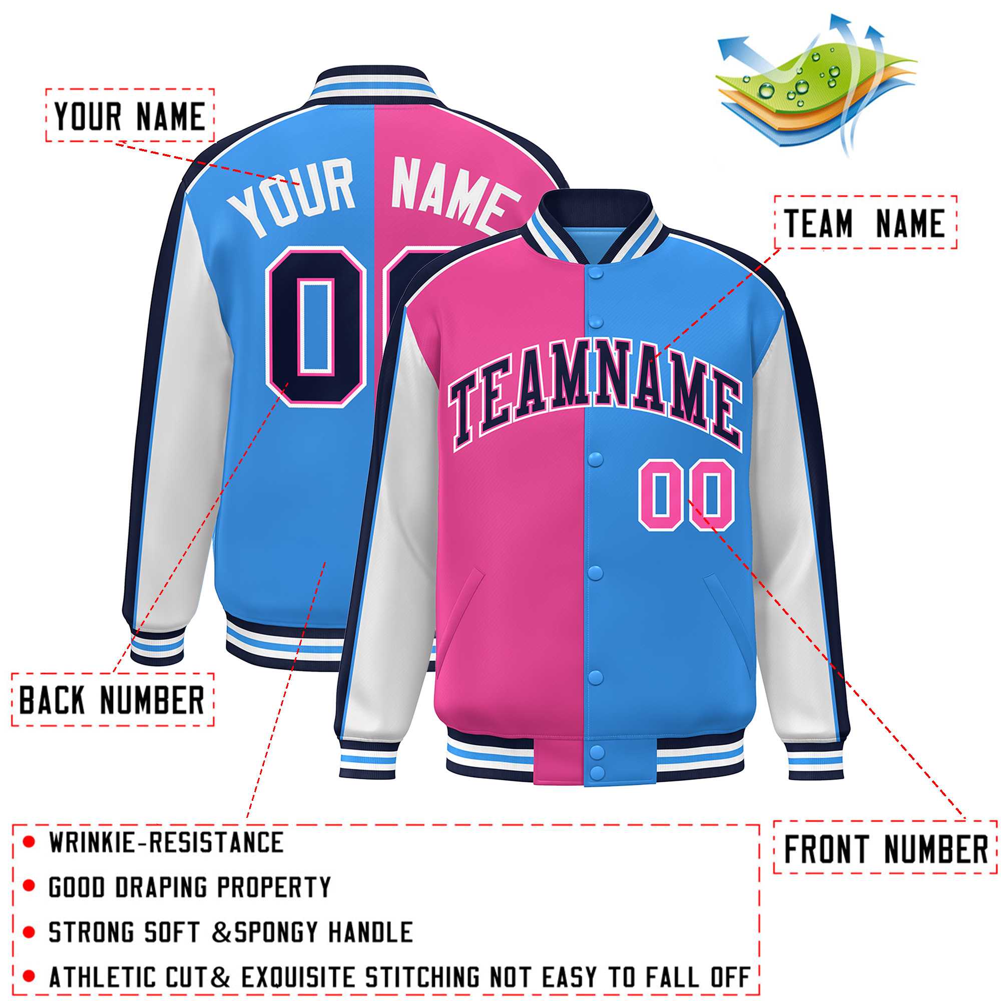 Custom Pink Powder Blue White-Navy Color Block Bomber Varsity Full-Snap Baseball Jacket