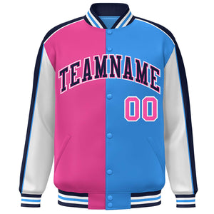 Custom Pink Powder Blue White-Navy Color Block Bomber Varsity Full-Snap Baseball Jacket