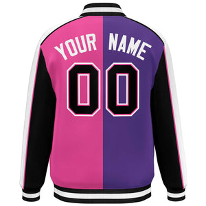 Custom Purple Pink Black-White Color Block Bomber Varsity Full-Snap Baseball Jacket