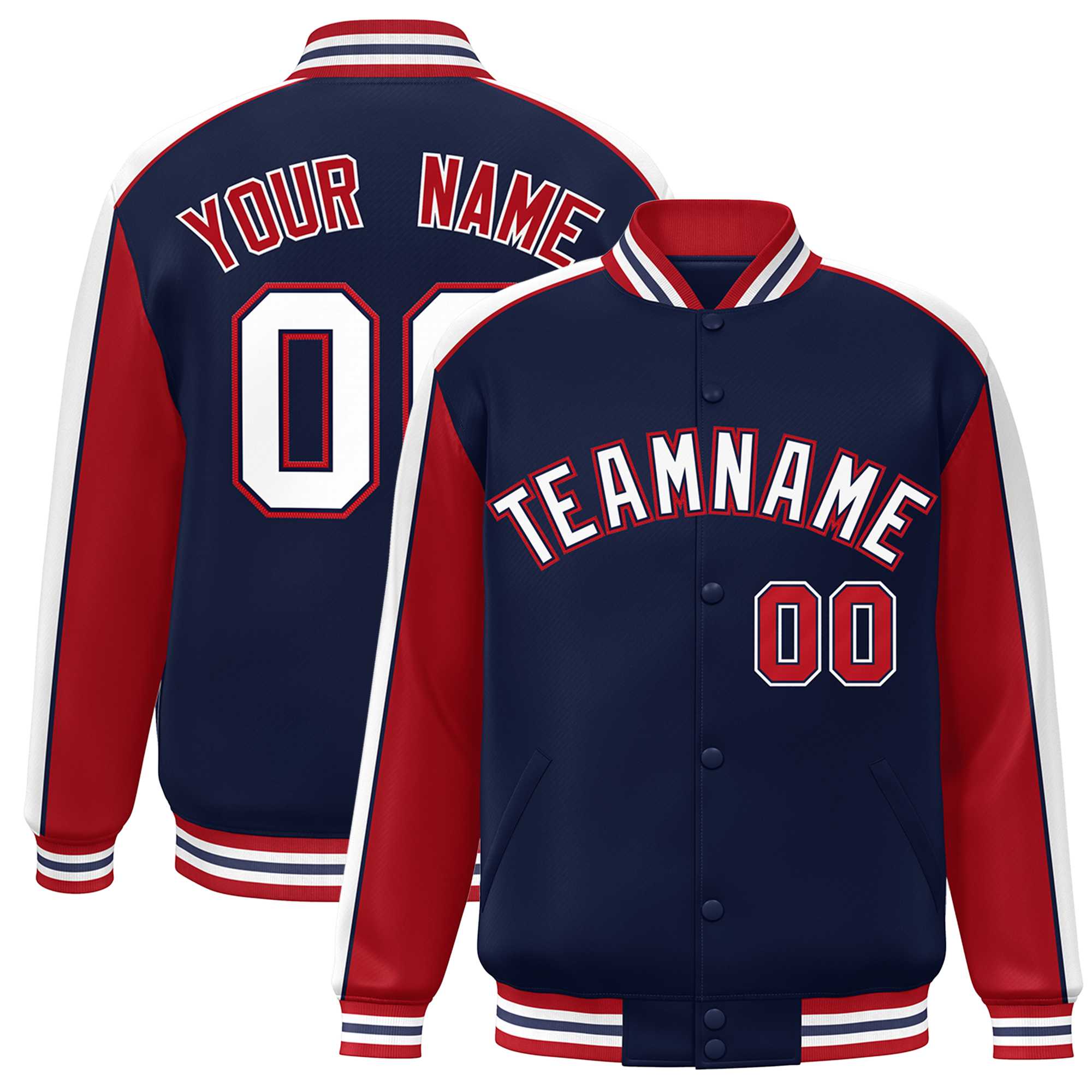 Custom Navy Red-White Color Block Bomber Varsity Full-Snap Baseball Jacket