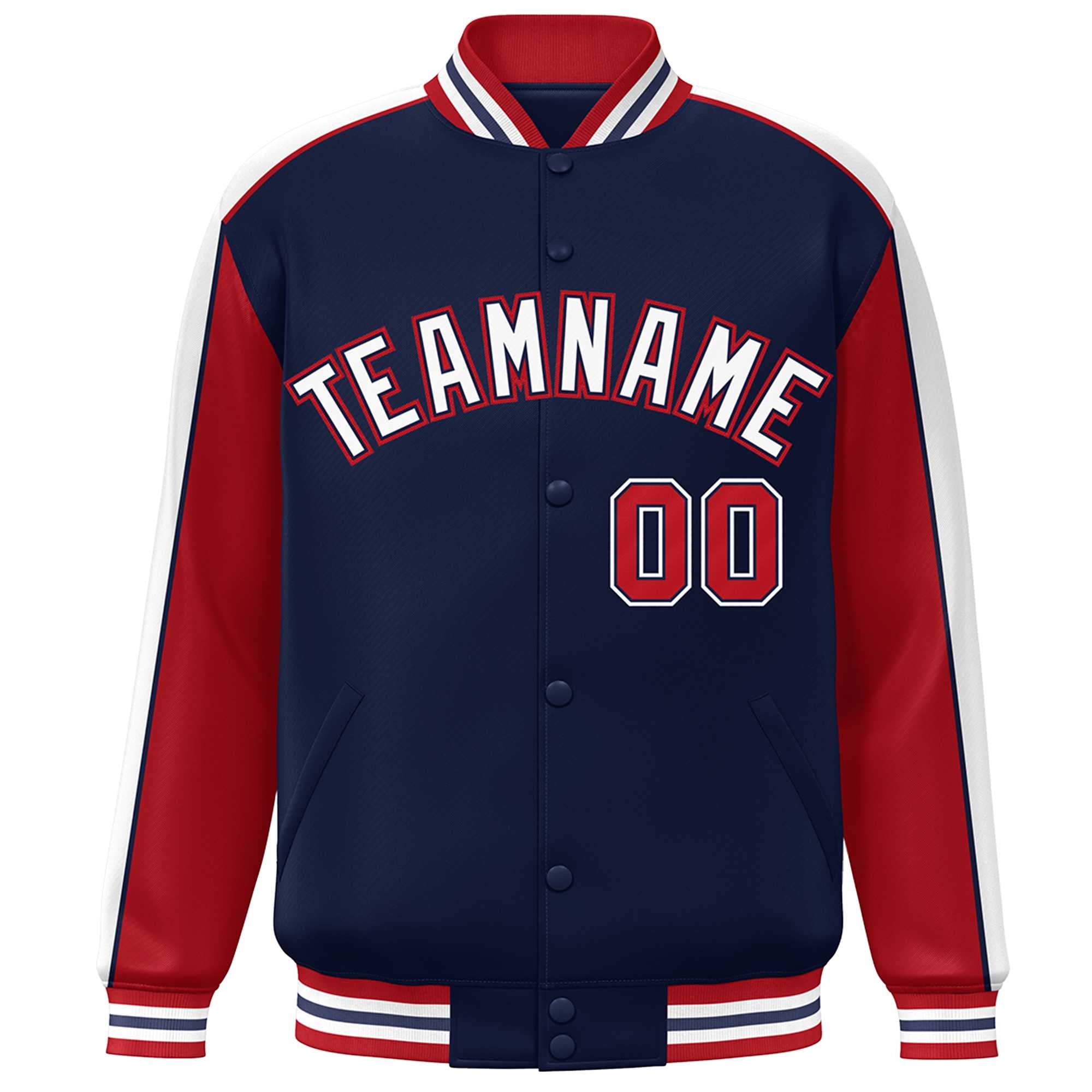 Custom Navy Red-White Color Block Bomber Varsity Full-Snap Baseball Jacket