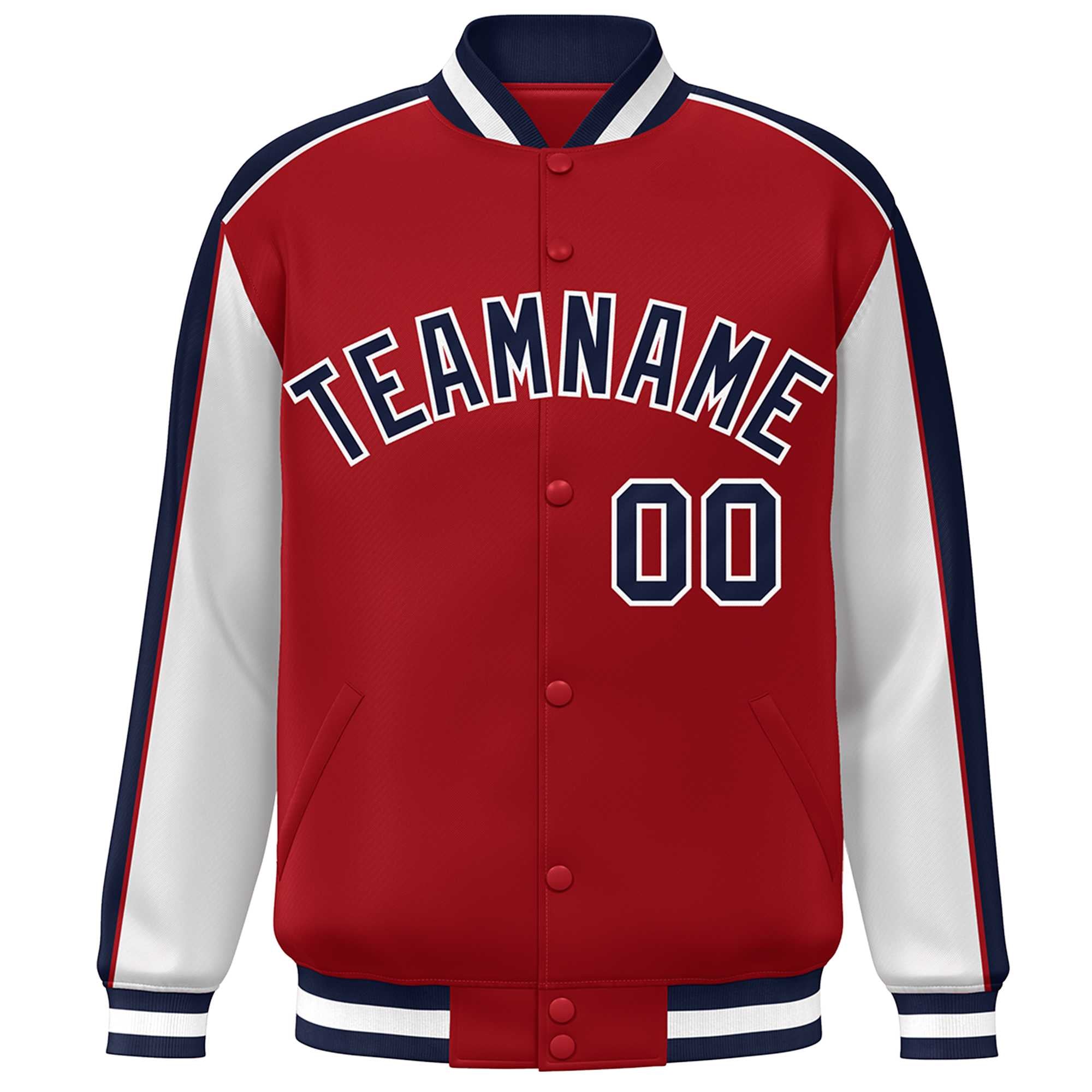 Custom Red Navy-White Color Block Bomber Varsity Full-Snap Baseball Jacket