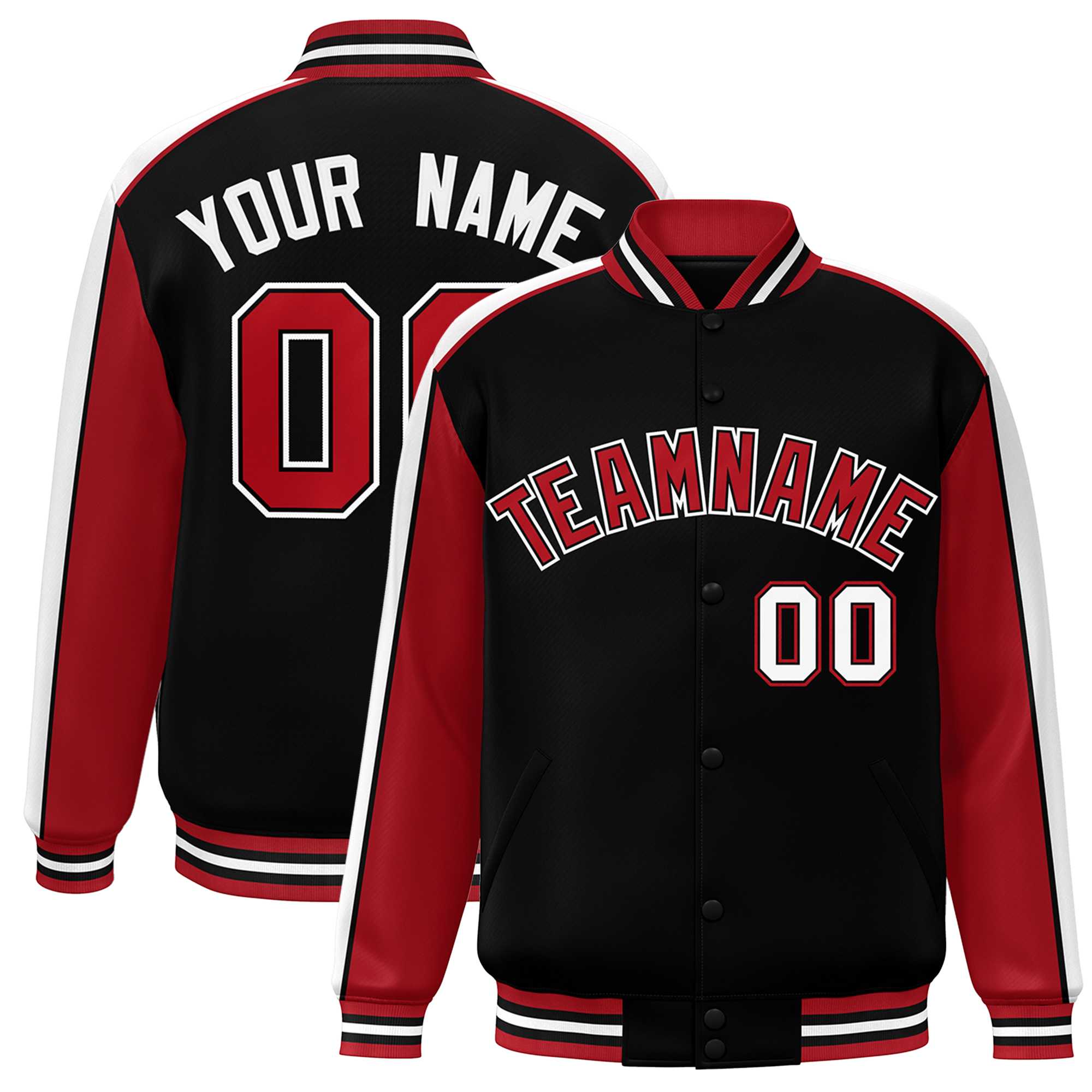 Custom Black Red-White Color Block Bomber Varsity Full-Snap Baseball Jacket