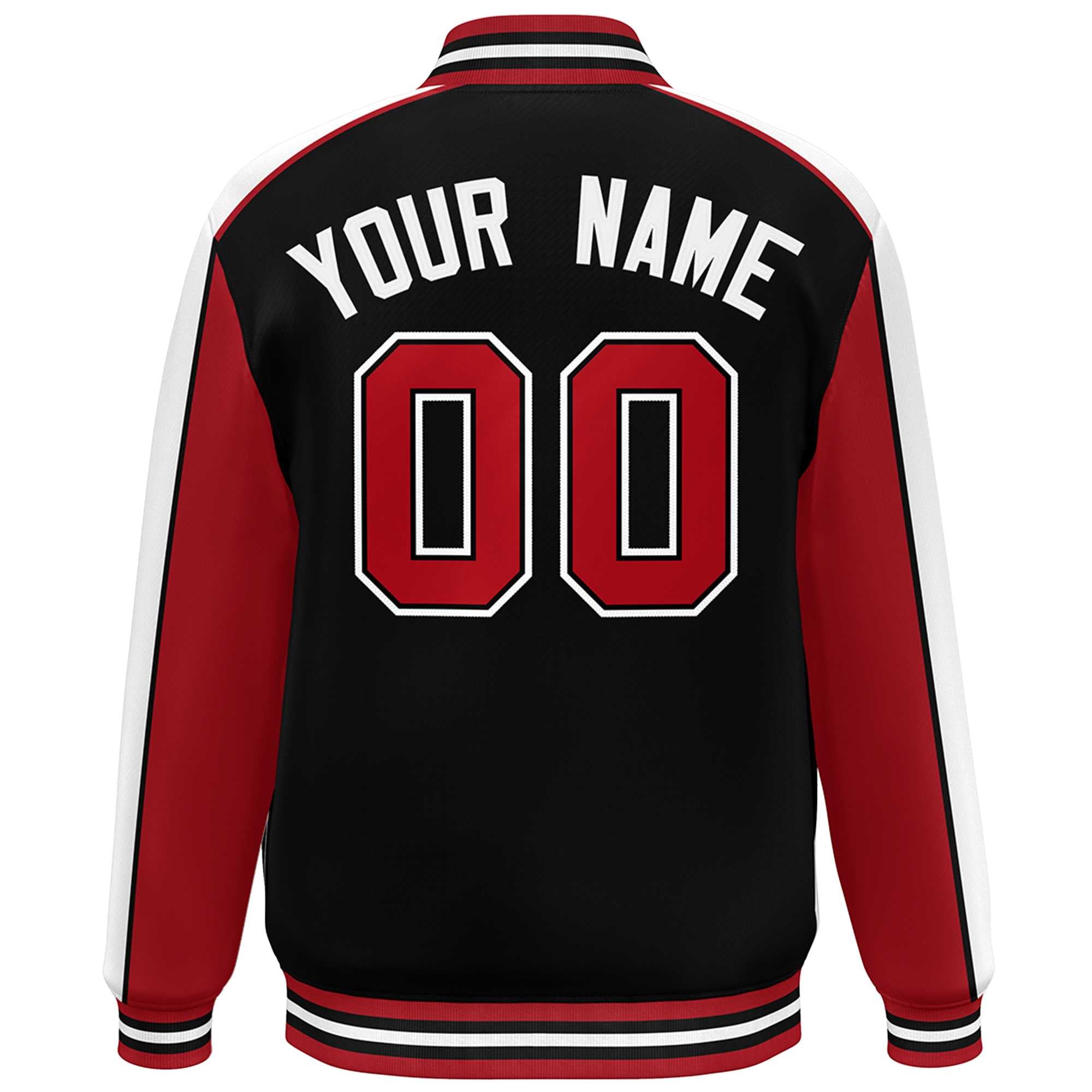 Custom Black Red-White Color Block Bomber Varsity Full-Snap Baseball Jacket