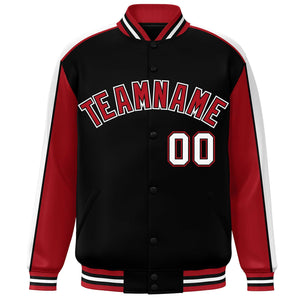 Custom Black Red-White Color Block Bomber Varsity Full-Snap Baseball Jacket