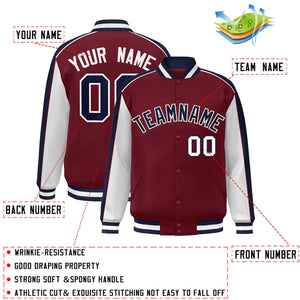 Custom Crimson White-Navy Color Block Bomber Varsity Full-Snap Baseball Jacket