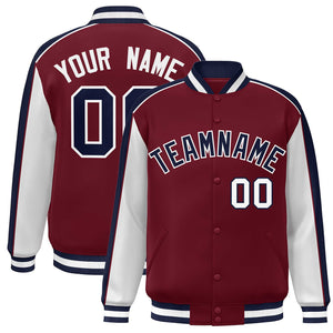 Custom Crimson White-Navy Color Block Bomber Varsity Full-Snap Baseball Jacket