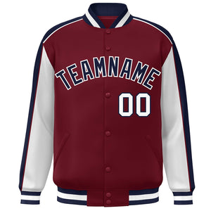 Custom Crimson White-Navy Color Block Bomber Varsity Full-Snap Baseball Jacket