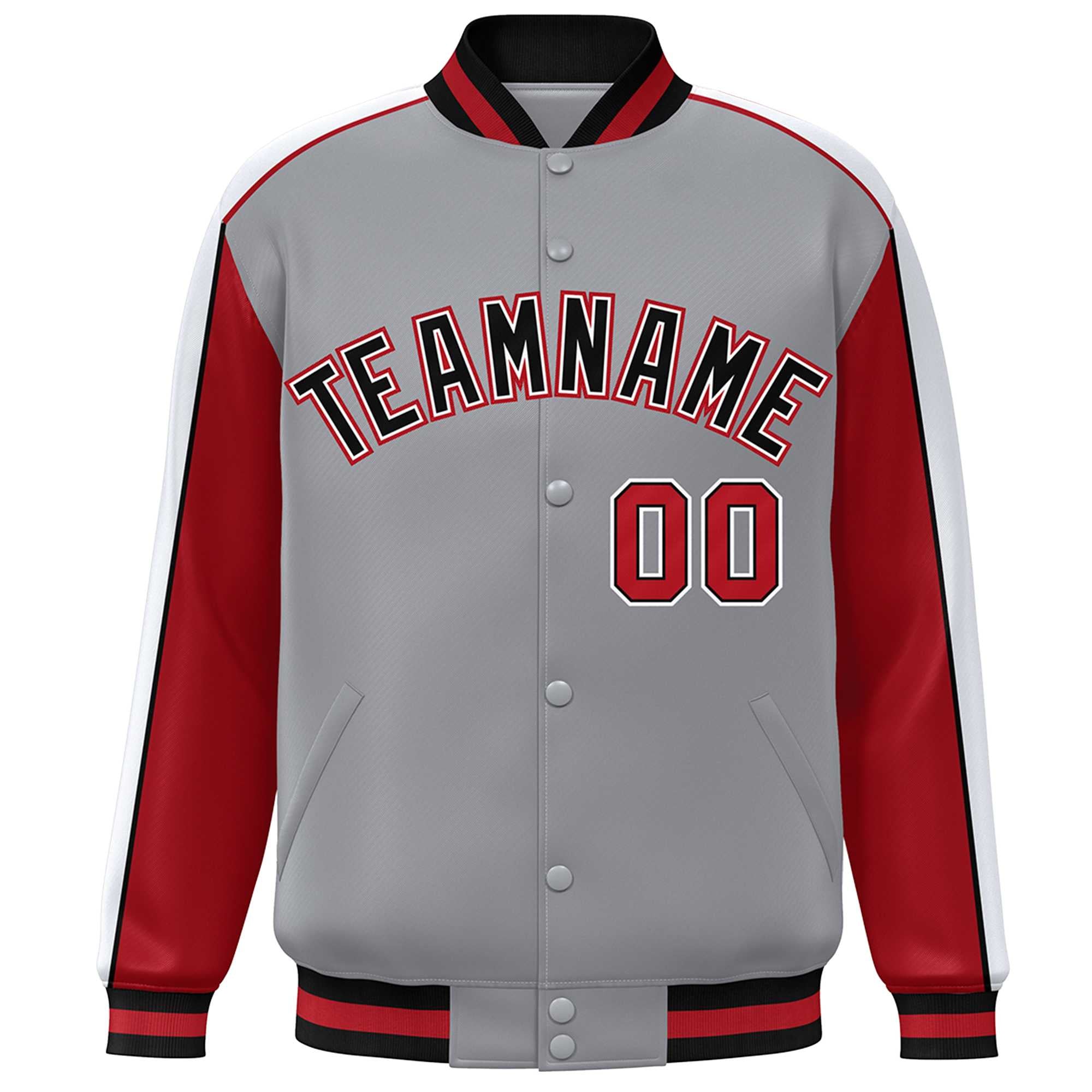 Custom Gray Red-White Color Block Bomber Varsity Full-Snap Baseball Jacket