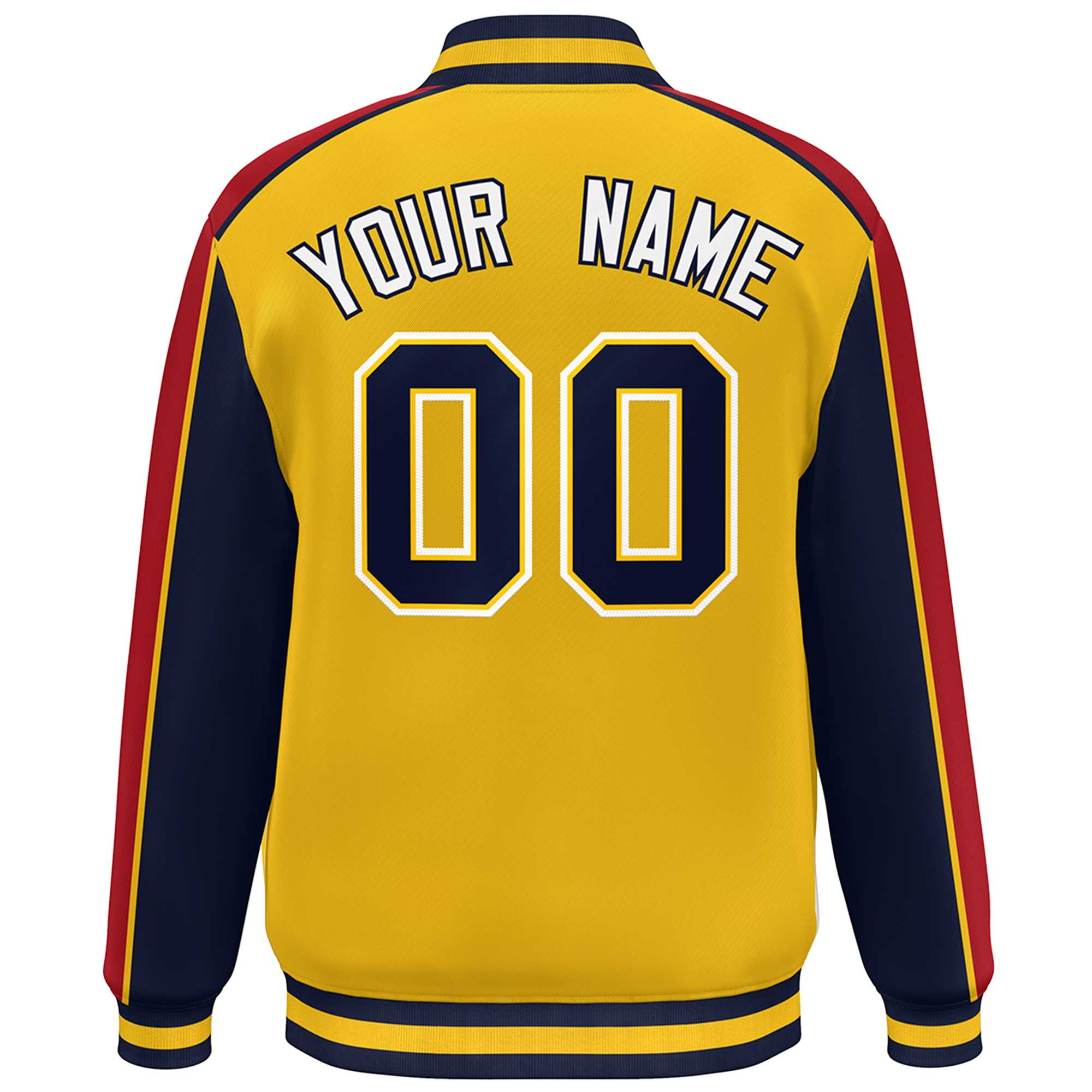 Custom Gold Navy-Red Color Block Bomber Varsity Full-Snap Baseball Jacket