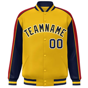 Custom Gold Navy-Red Color Block Bomber Varsity Full-Snap Baseball Jacket