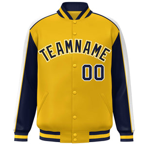 Custom Gold Navy-White Color Block Bomber Varsity Full-Snap Baseball Jacket